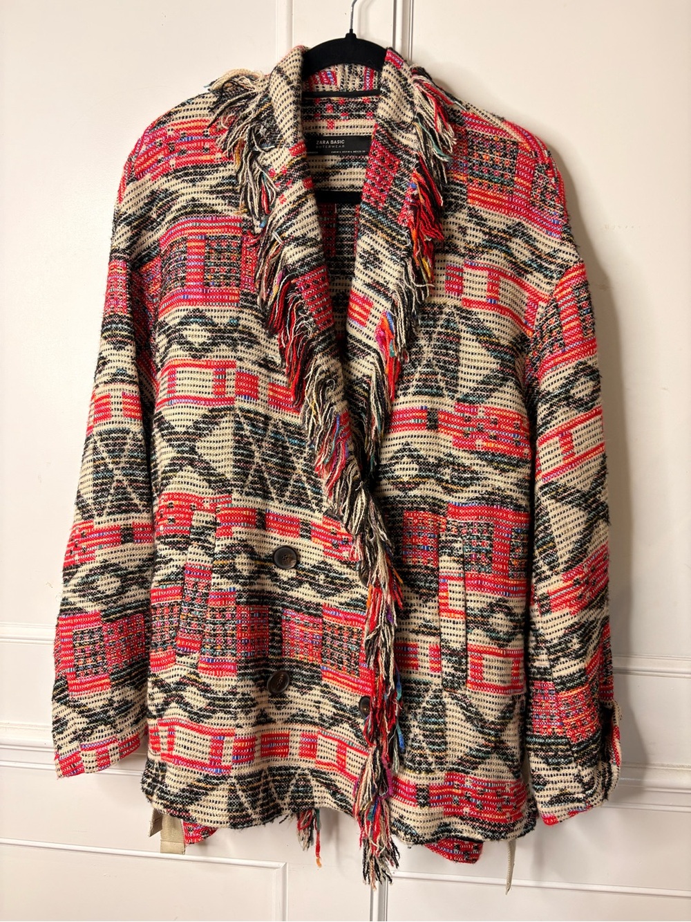 Zara Fringe Open-Front Patterned Jacket - Red & Cream